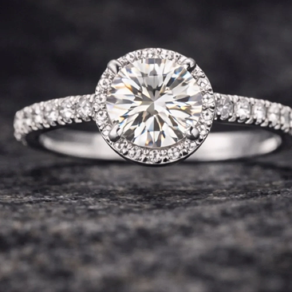NWOT Moissanite Rose Halo Ring ✨ White Gold Over Sterling Silver